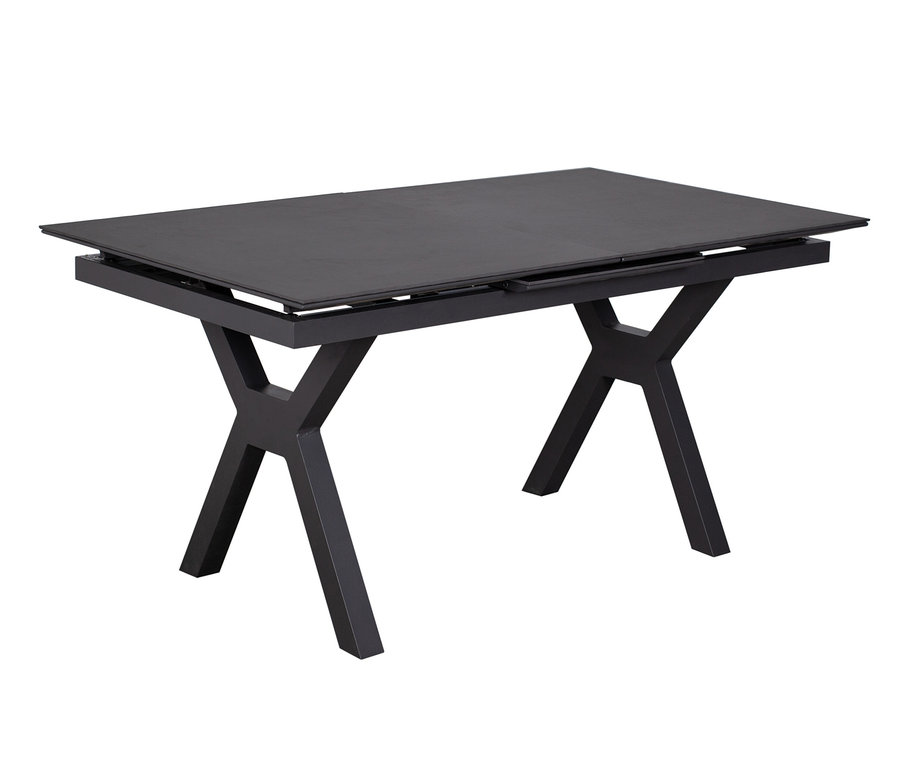 Rechteckiger deVries Dining-Set, steingrau-rope Esstisch mit schwarzer Platte und X-förmigem Gestell.