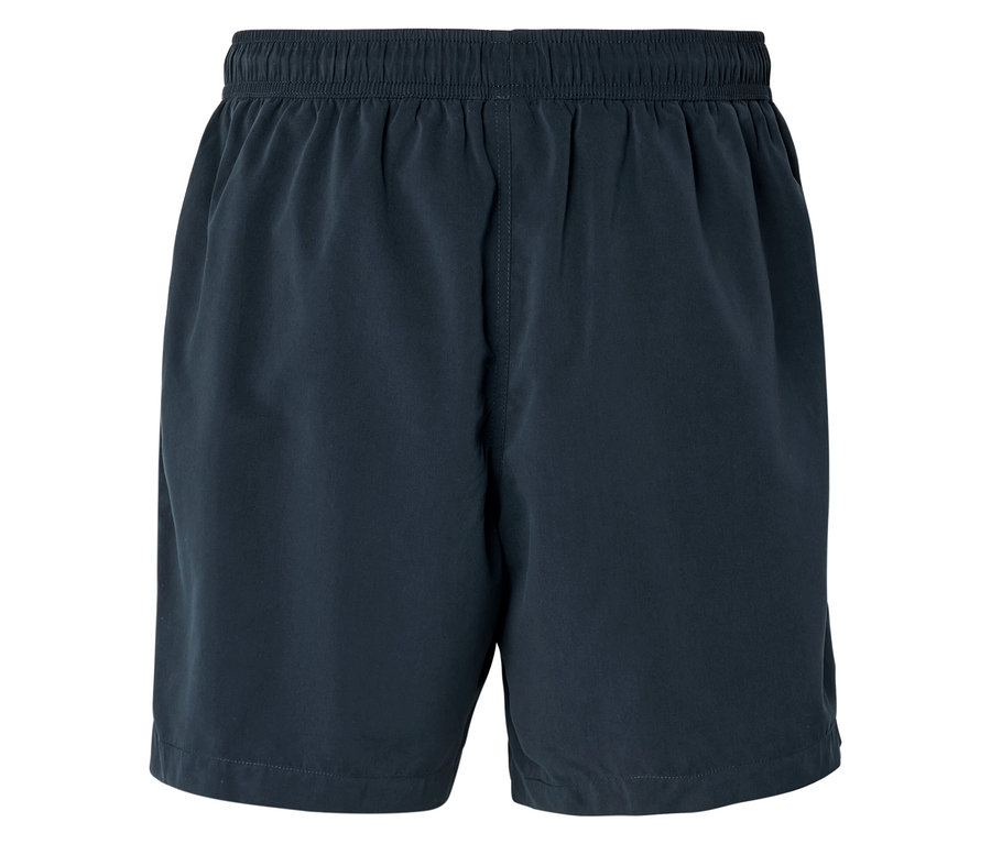 Dunkelblaue, kurze Hose mit elastischem Bund, freigestellt vor weißem Hintergrund.