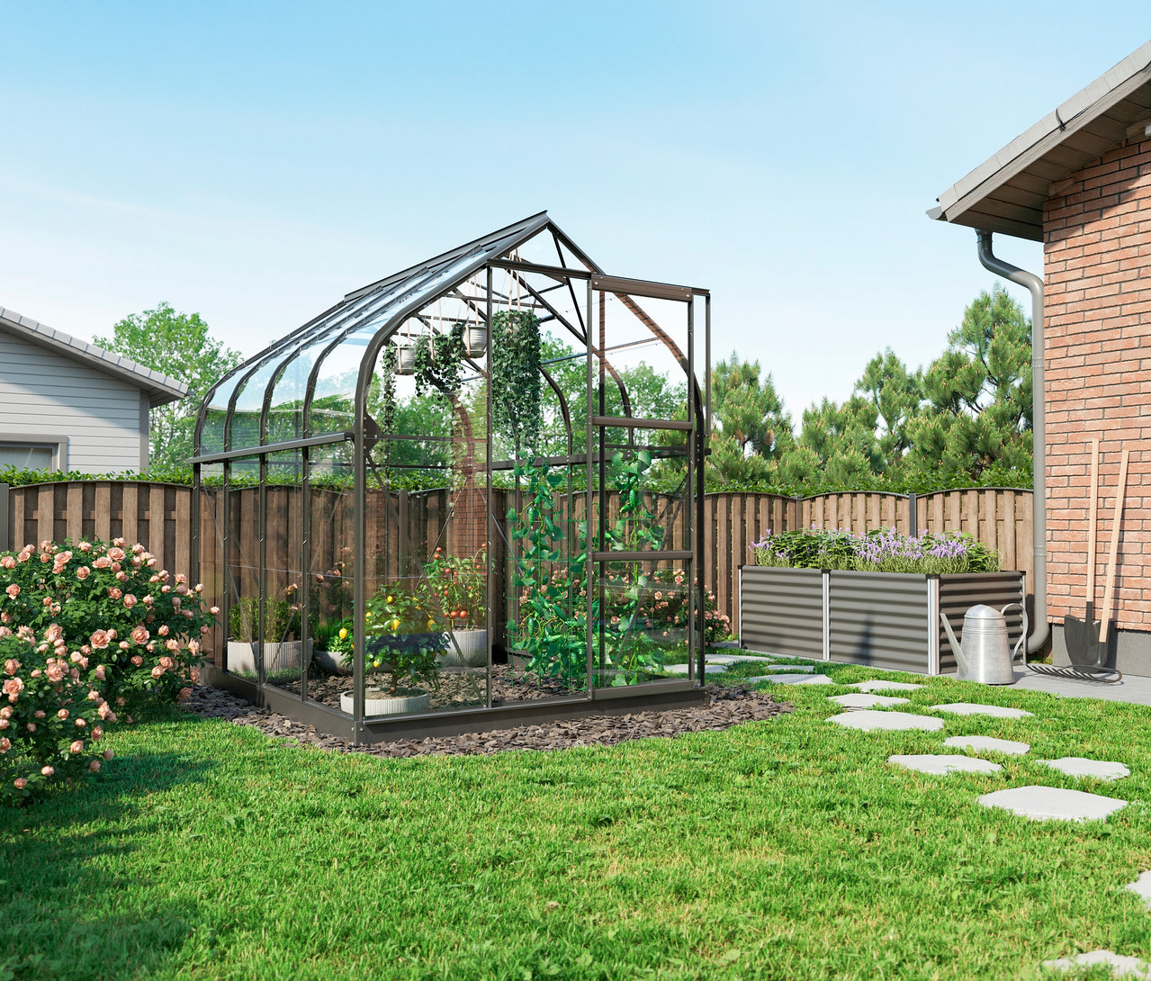 Vitavia Gewächshaus Orion ESG 5 m² mit Rahmenfundament im Garten mit Pflanzen und Steinen.