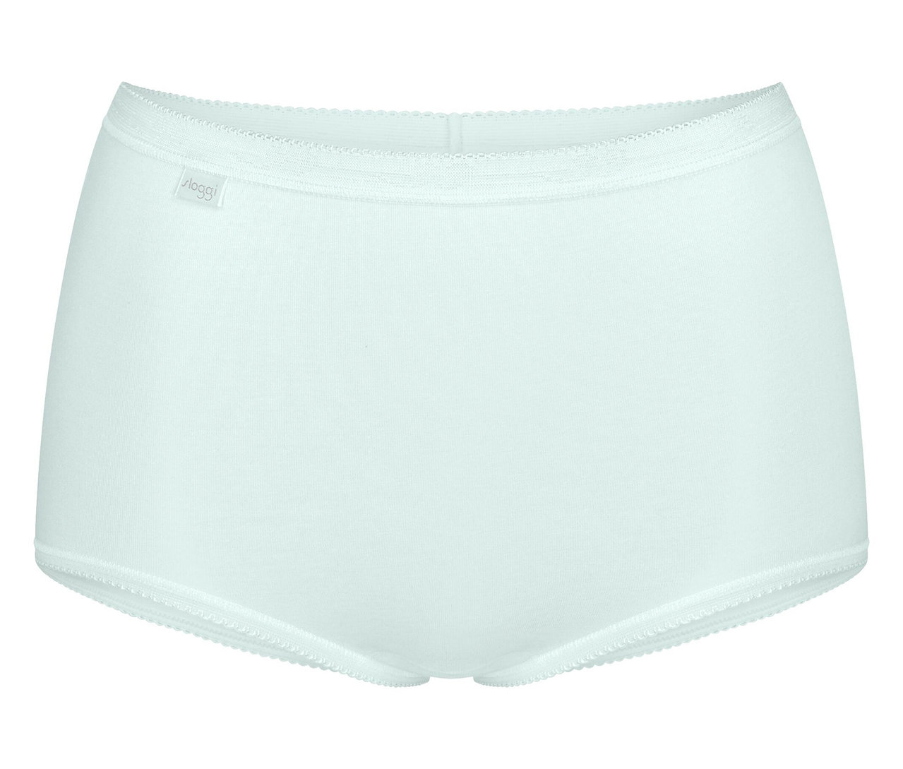 Weißer Damenslip mit elastischem Bund und Beinabschlüssen.