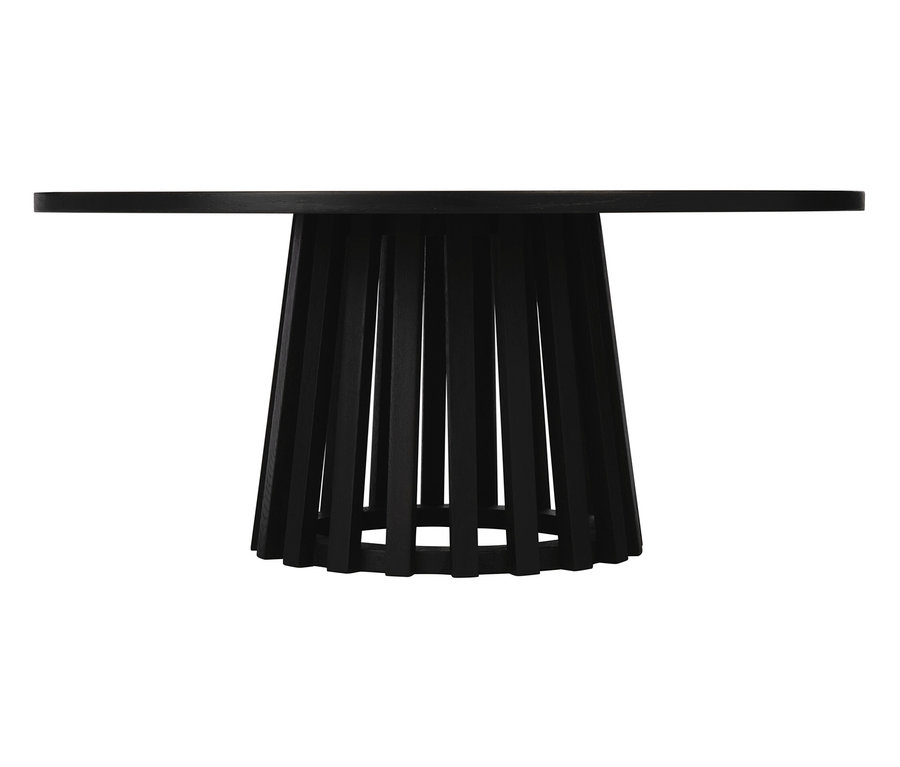 Schwarzer Esstisch mit Lattenfuß.