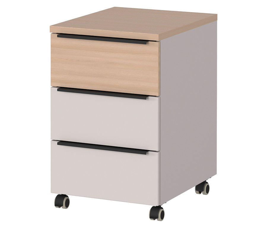 Nahaufnahme des Rollcontainers »Oviedo« mit drei Schubladen in Holz und Grau mit schwarzen Griffen und Rollen.