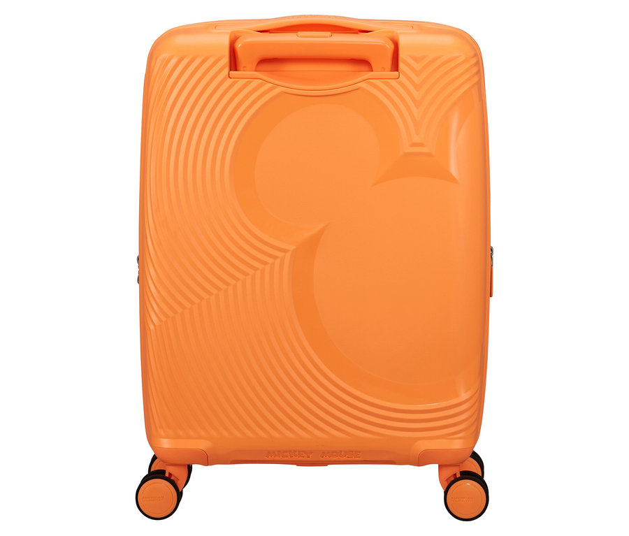 Orangefarbener American Tourister Mickey Magic Trolley mit Mickey Mouse-Design.