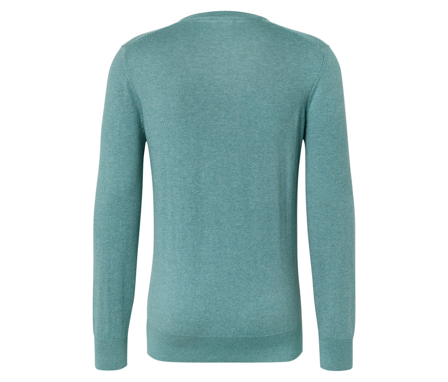 Ein türkisblauer Pullover mit langen Ärmeln, von hinten fotografiert.