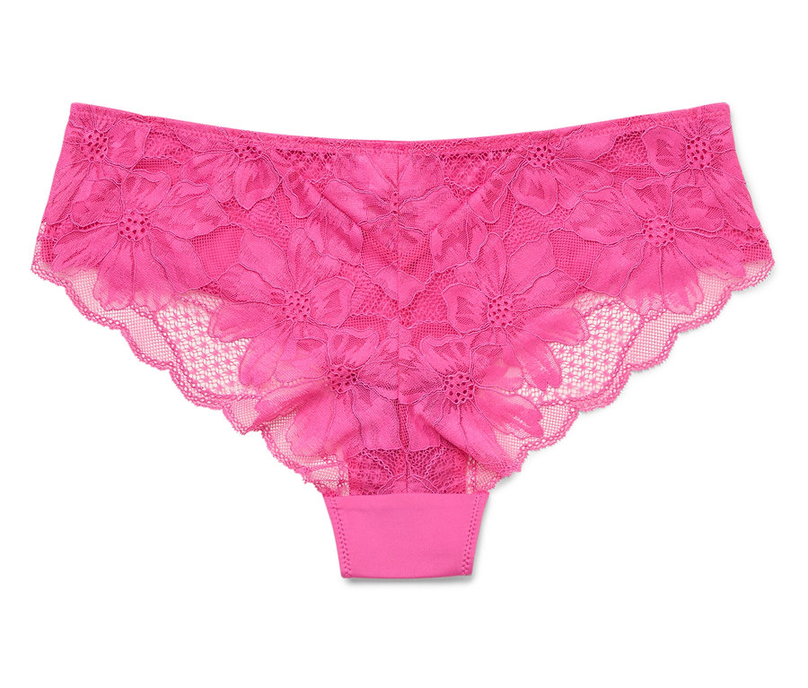 Pinkfarbener Spitzenslip mit Blumenmuster auf weißem Hintergrund.