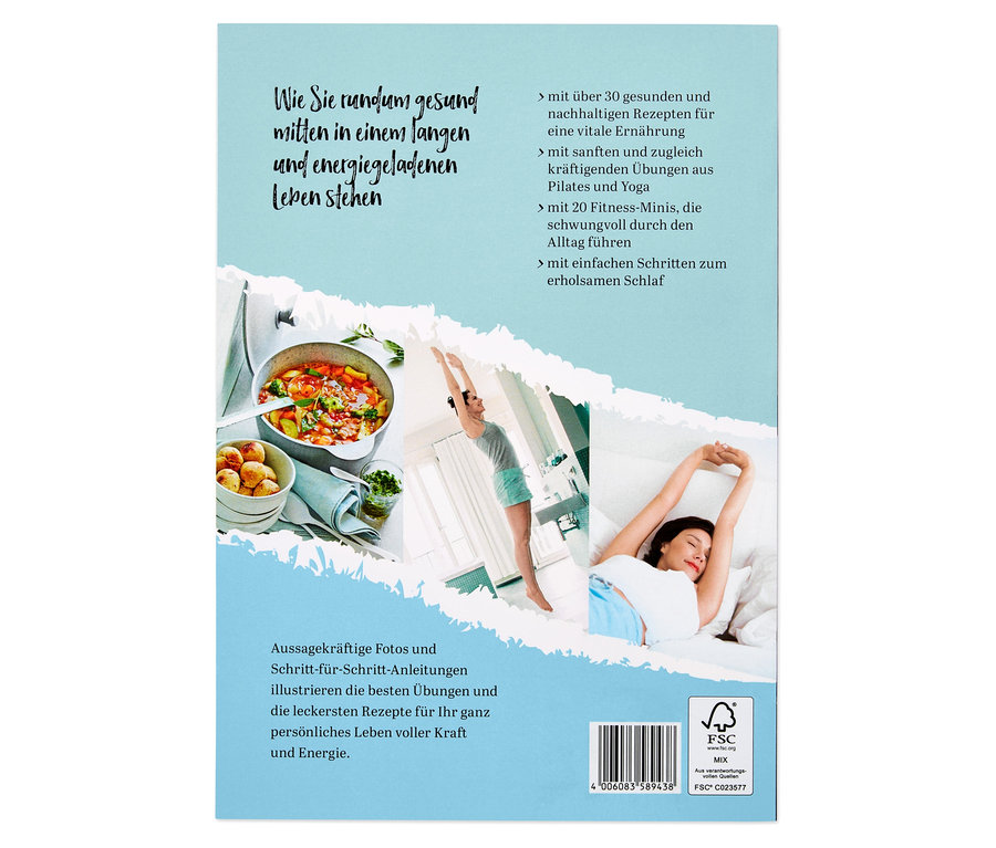 Auf dem Cover des Buches »Leben in Balance« sind Fotos von Essen, Sport und Entspannung abgebildet.