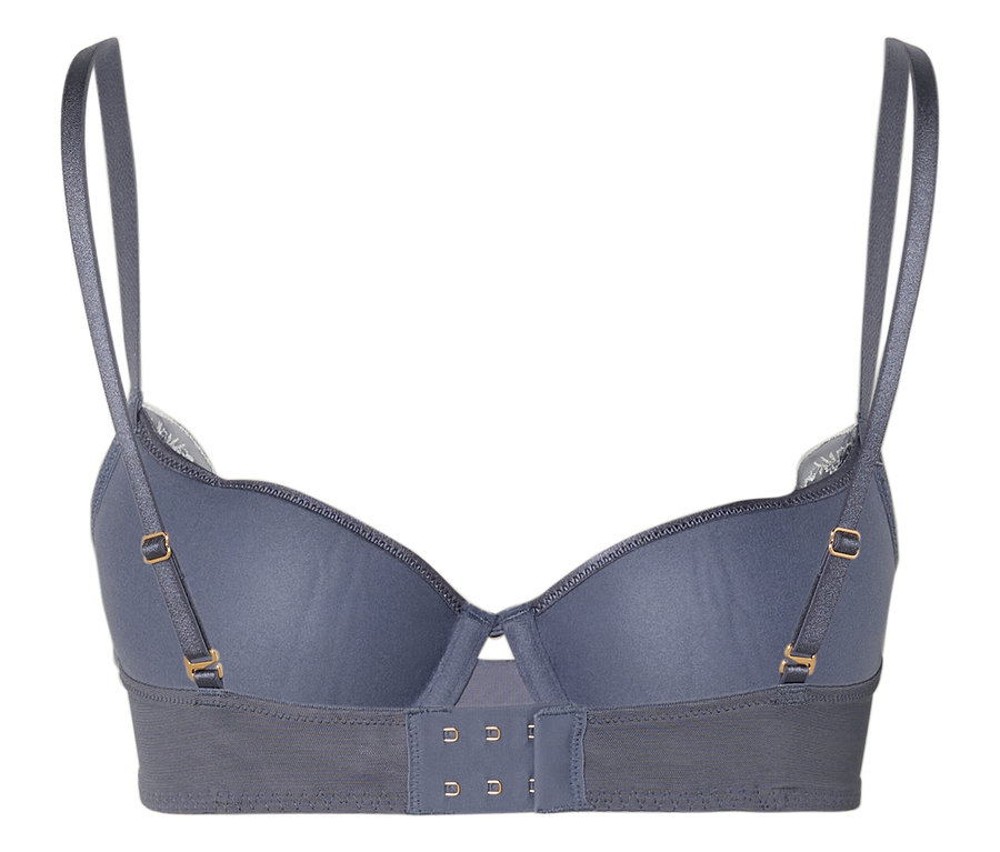 Rückansicht eines blauen BHs mit verstellbaren Trägern und Hakenverschluss.