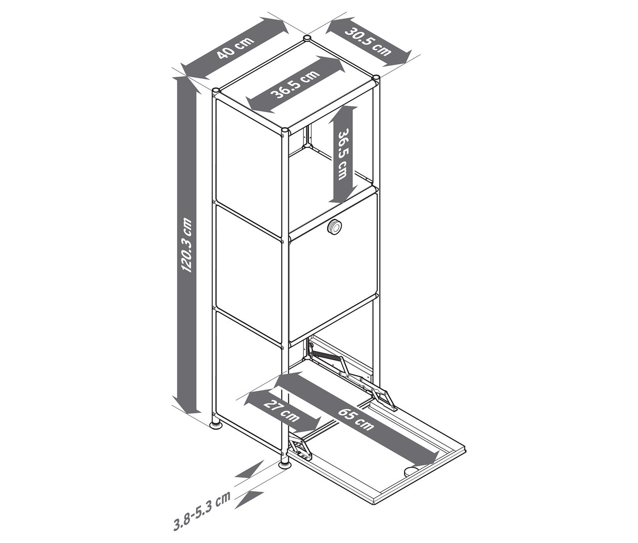 Draufsicht eines Metallschranks »CN3 Slim Line« mit zwei Klappfächern, wobei das unterste Fach geöffnet ist und Maßangaben in cm enthält.