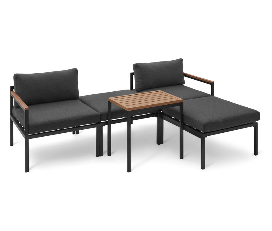 Graues modulares Sofa mit Holzdetails und kleinem Holztisch.