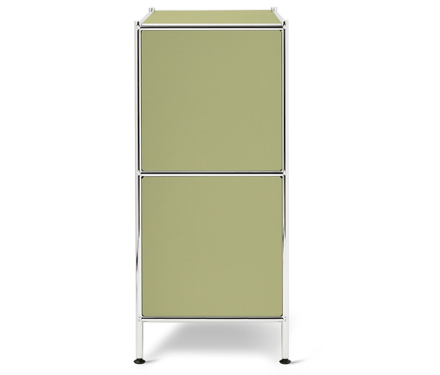 Grüner Schrank mit zwei Fächern und silbernem Rahmen.