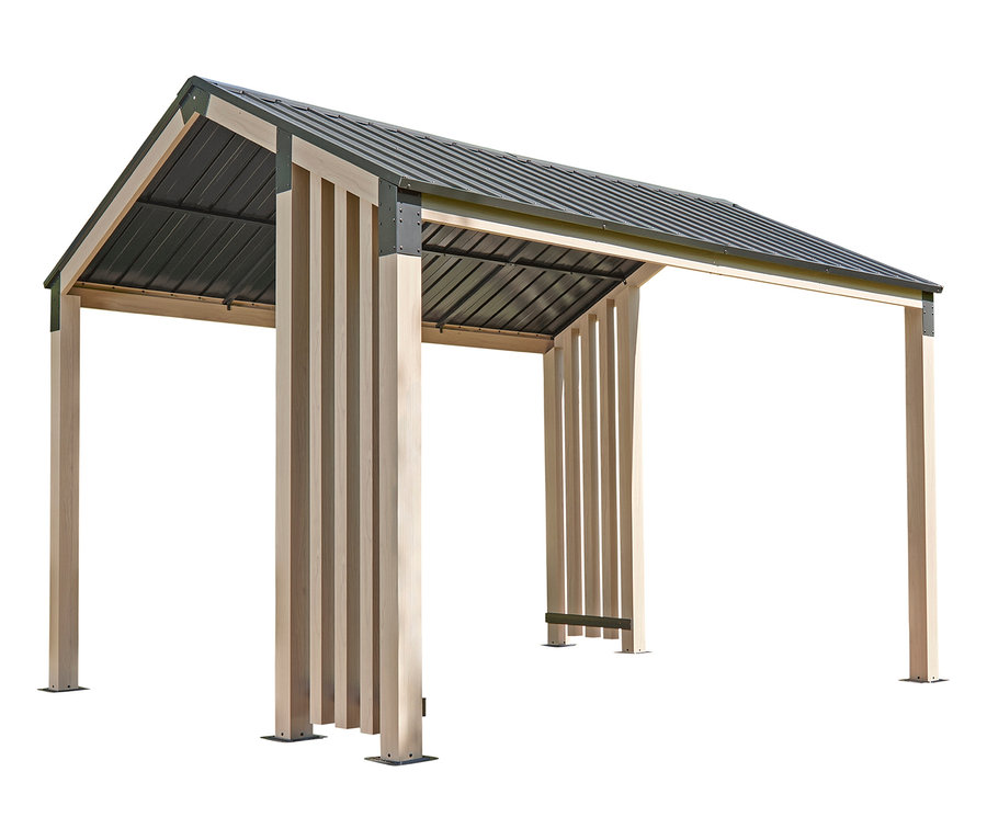 Freistehender Sojag Pavillon mit Stahldach und hellen Holzpfosten.