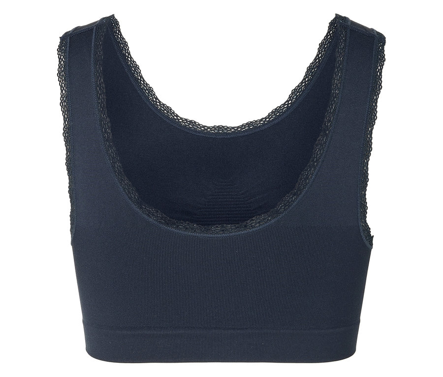 Dunkelblaues, geripptes Bustier mit Spitzenbesatz.