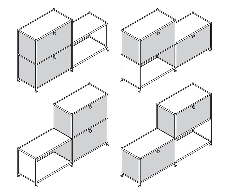 Draufsicht von vier Kombinationen von Metallregalen »CN3« mit 3 Fächern in verschiedenen Farben.