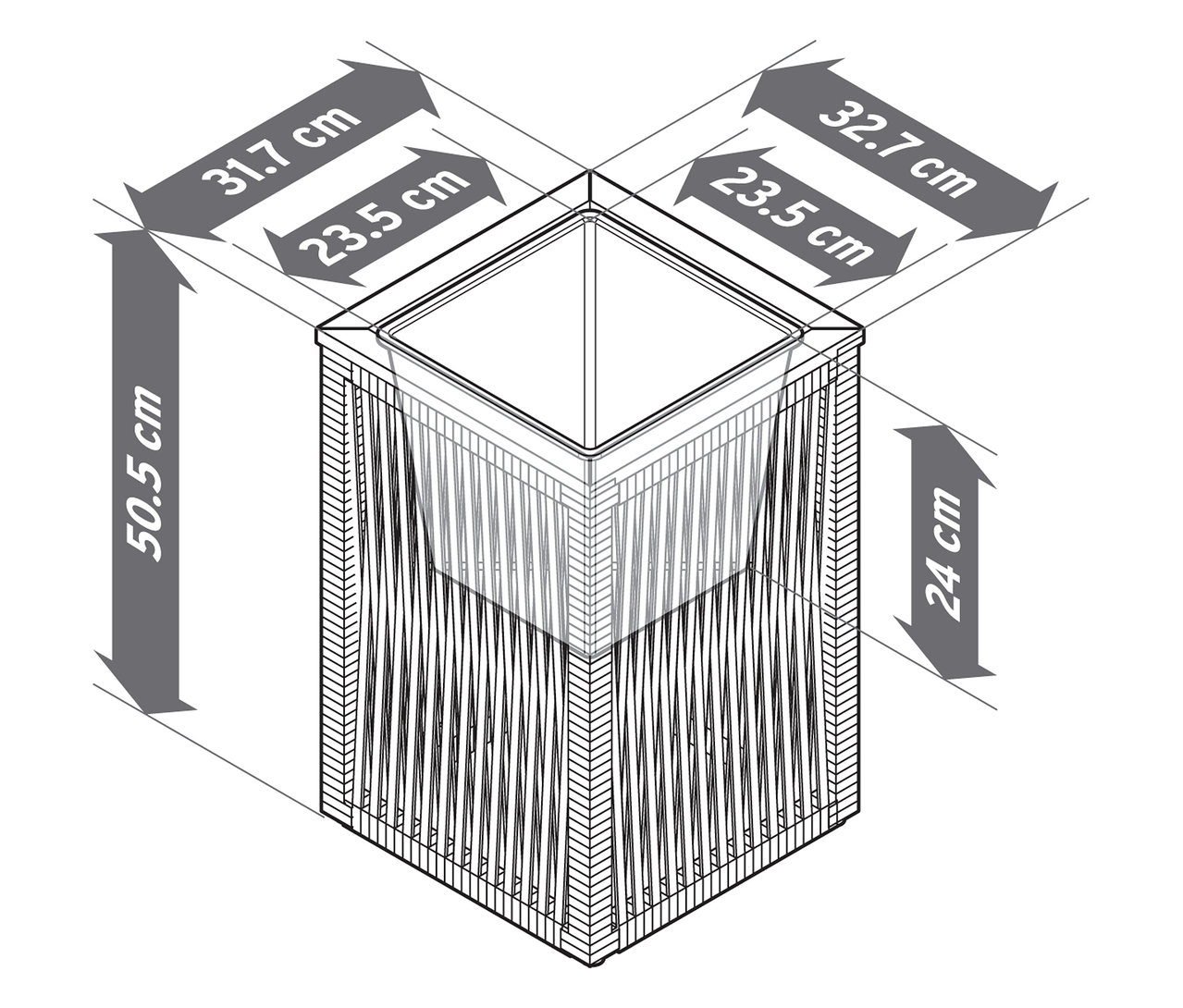 Draufsicht auf einen Pflanztopf mit Textilgeflecht und Maßangaben.