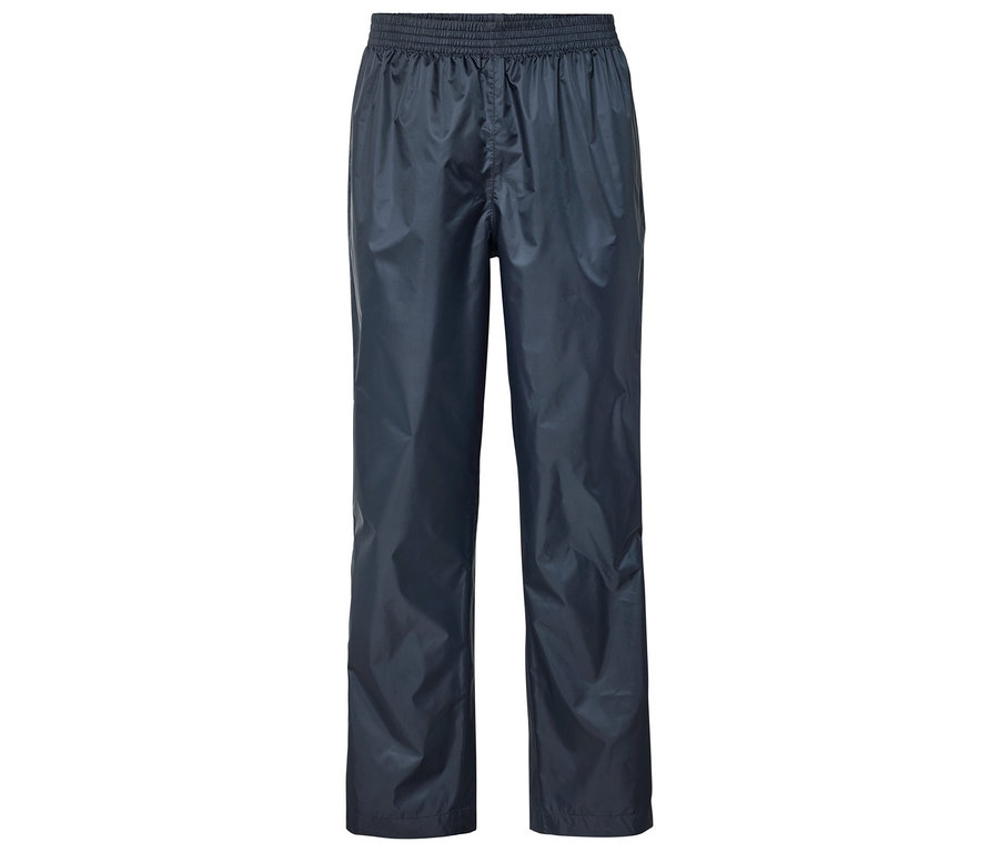 Navyfarbene Regenhose mit elastischem Bund, flach liegend.