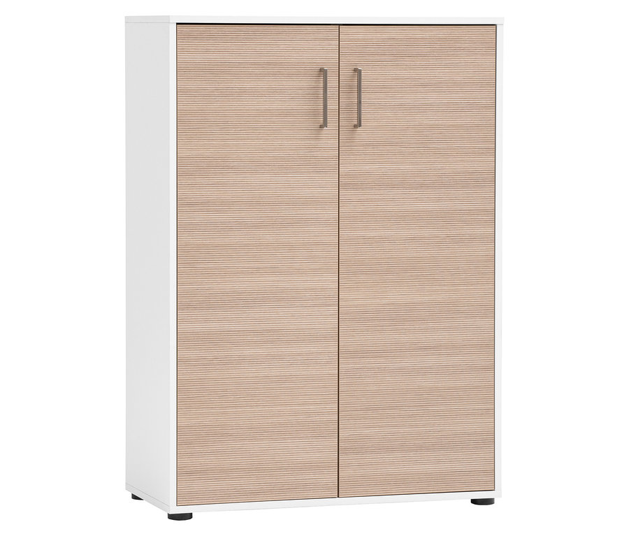 Der Aktenschrank »Metz« ist 2-türig in matt weiß/canello mit silbernen Griffen.