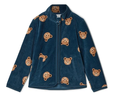 Blaue Fleecejacke mit Reißverschluss und braunem Teddybärmuster.