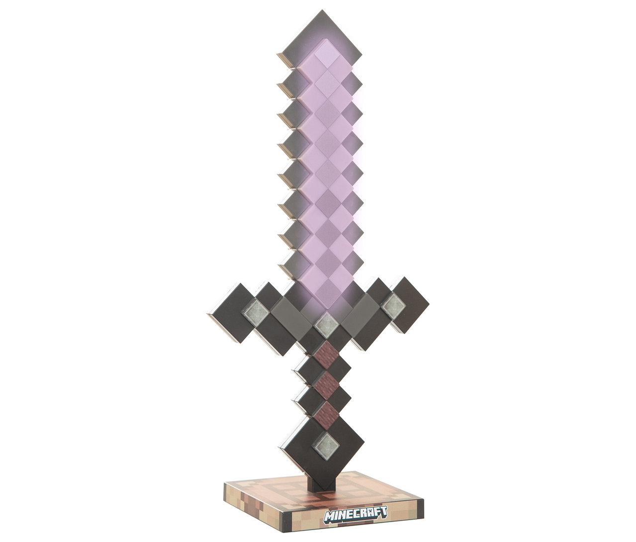 Nahaufnahme eines Netherite MINECRAFT LED-Lichts in Schwertform, auf einem quadratischen Sockel stehend.