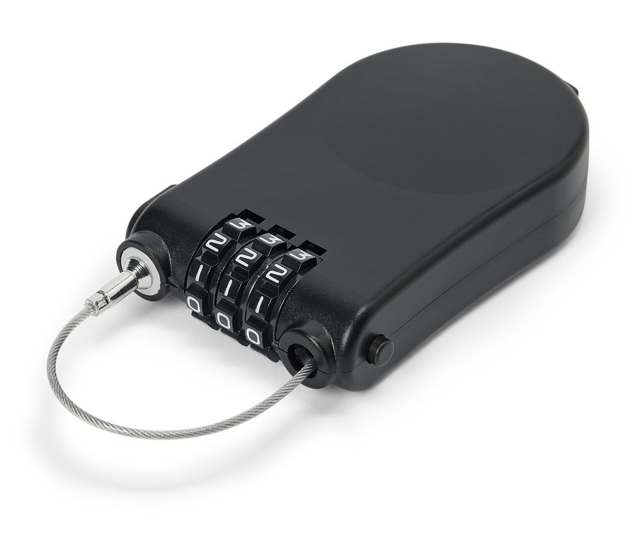 Schwarzes Zahlenschloss mit Drahtseil auf weißem Grund.