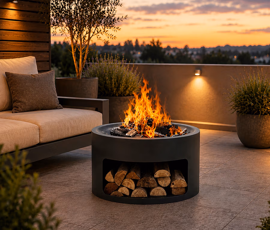 Eine Terrasse bei Dämmerung zeigt eine dunkelgraue zylindrische Feuerstelle mit hellem Feuer und gestapelten Holzscheiten in der Basis. Links steht ein helles Outdoor-Sofa mit dunklem Kissen. Im Hintergrund sind Topfpflanzen, eine Wandleuchte und eine Stadtkulisse bei Sonnenuntergang zu sehen.