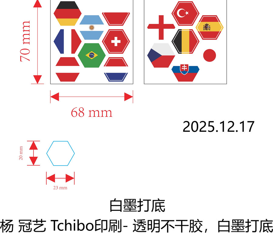 Zwei Sets sechseckiger und anders geformter Aufkleber mit Nationalflaggen, darunter Deutschland, Argentinien, Brasilien, Schweiz, Türkei, Spanien, Belgien, Tschechien und Slowakei. Maße 70x68mm für ein Set und 20x23mm für ein einzelnes Sechseck.