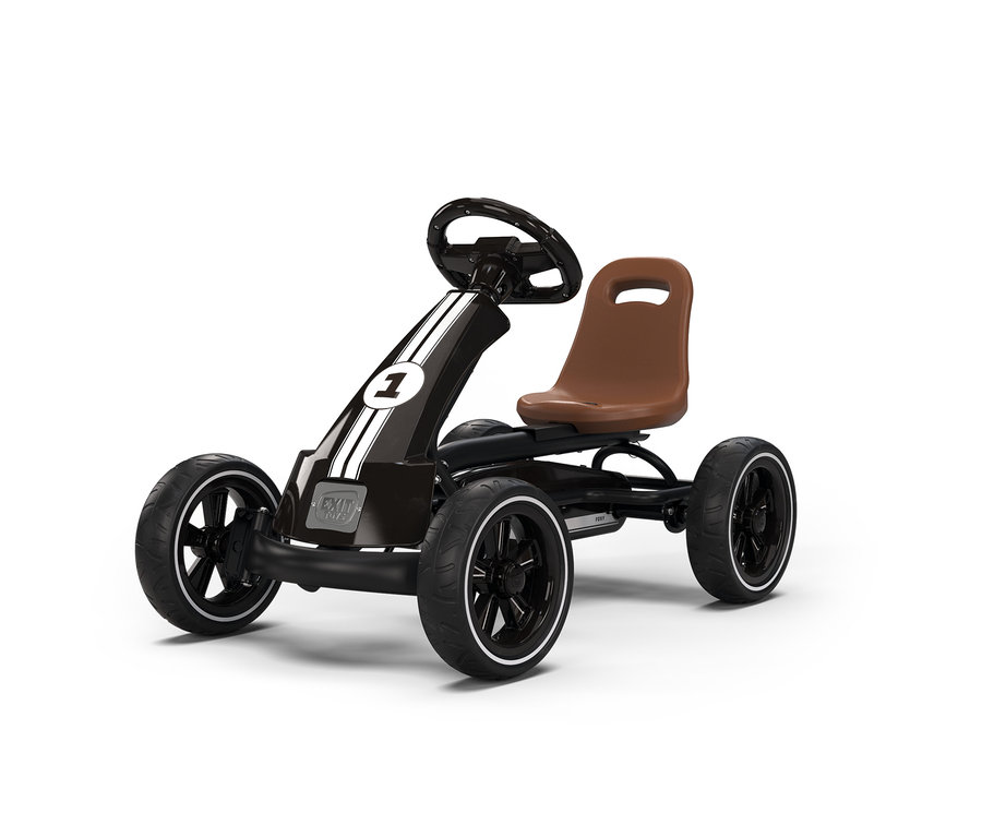 Schwarzes Tret-Gokart mit braunem Sitz, weißen Rennstreifen, der Nummer „1“ und „EXIT TOYS“-Logo vorne, mit schwarzen Rädern mit weißem Rand.