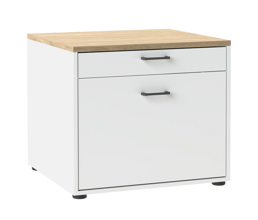 Weißer Schrank mit heller Holzplatte, einer oberen und einer größeren unteren Schublade, beide mit dunklen Griffen, auf kleinen dunklen Füßen.