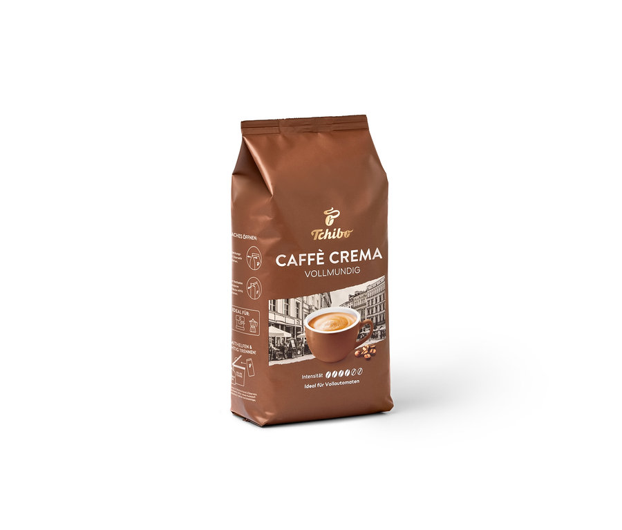 Eine braune Packung Caffè Crema Vollmundig Ganze Bohne.