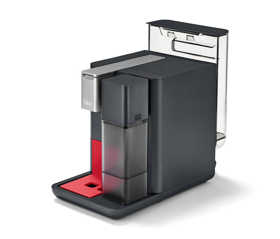 Eine Qbo MILK MASTER Lipstick Red Kaffeemaschine in Schwarz und Grau.