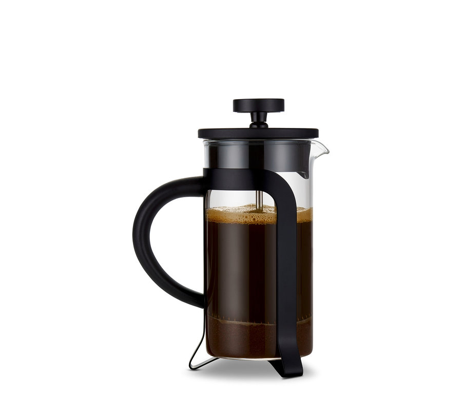 Eine schwarze Siebstempelkanne mit 300 ml Fassungsvermögen für 2 Tassen.