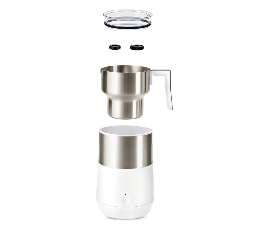 Ein zerlegter Induktions-Milchaufschäumer in Cremeweiß und Weiß.