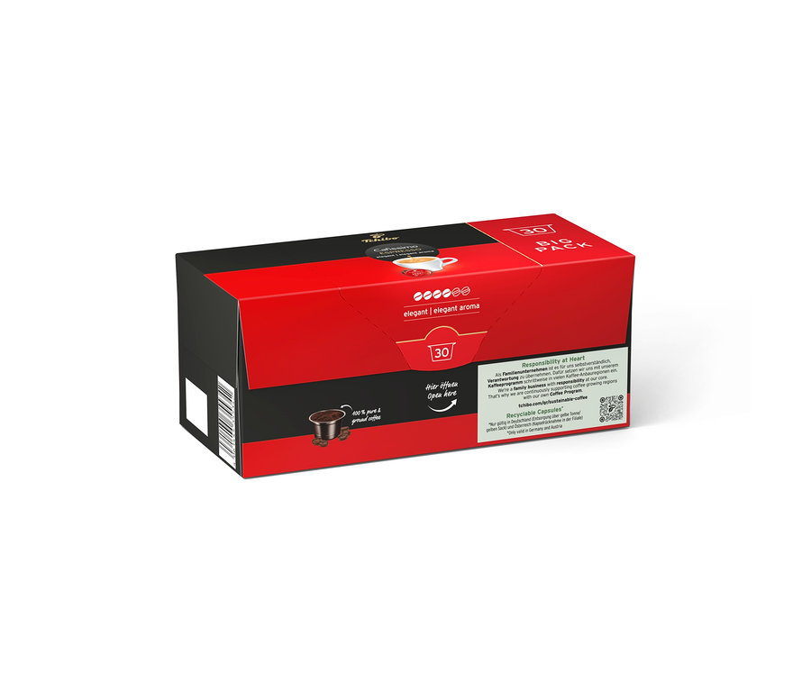 Rote und schwarze Packung Cafissimo Espresso elegant - 30 Kapseln, mit Abbildung einer Kaffeetasse und einer Kapsel mit Kaffeepulver.