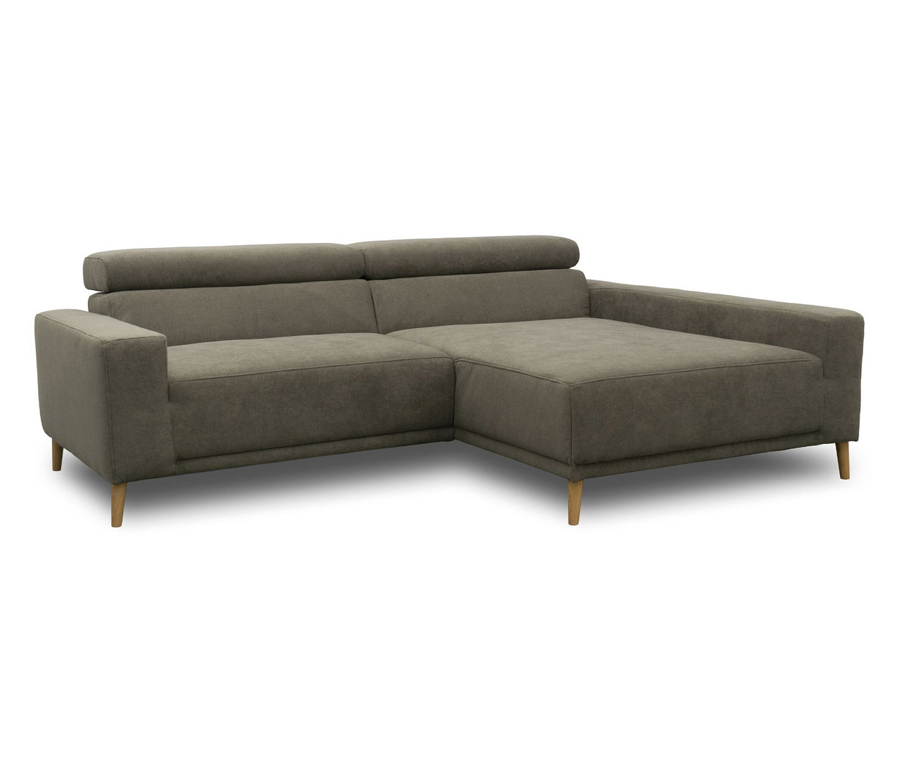 Graues DOMO Ecksofa »Malmö« mit Longchair rechts, Kopfteilverstellung und Holzfüßen.