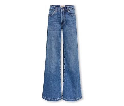 Blaue Jeans mit weitem Bein und hoher Taille.