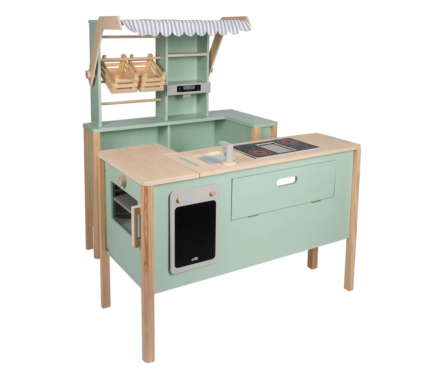 small foot Kaufladen und Kinderküche »fresh« in Hellgrün und Naturholz. Das Spielset hat eine gestreifte Markise, zwei Holzkörbe, eine Waage, Spüle, Herd und Ofen mit Kreidetafel.