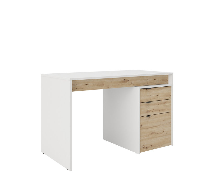 Weißer Schreibtisch mit hellbraunen Schubladen.