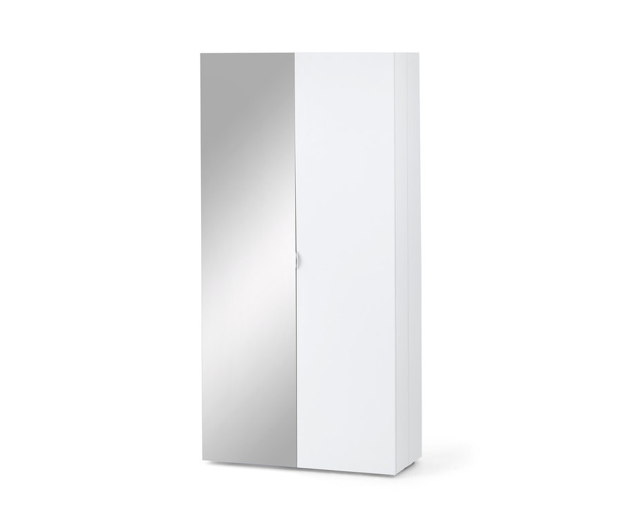 Ein zweitüriger Schuhschrank, eine Seite ist ein Spiegel, die andere ist weiß.