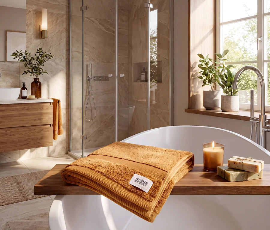 Modernes Badezimmer: Auf der Badewannenablage liegen ein braunes SCHÖNER WOHNEN-Kollektion Cuddly Badetuch, eine Kerze und Seifen.