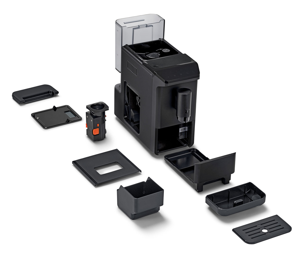 Ein zerlegter »Esperto mini« Kaffeevollautomat in Schwarz mit abnehmbaren Teilen.