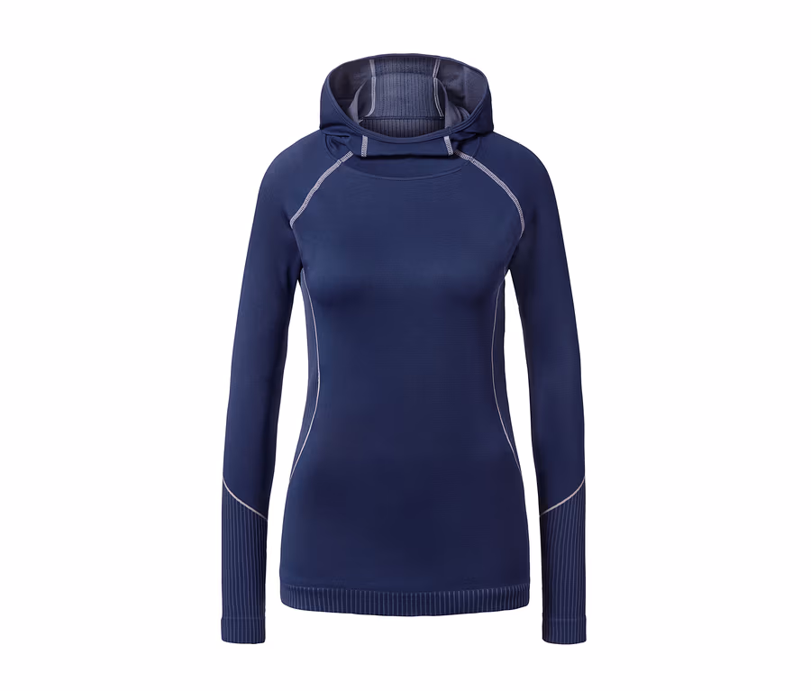Blaues Seamless-Funktionsshirt mit Kapuze.