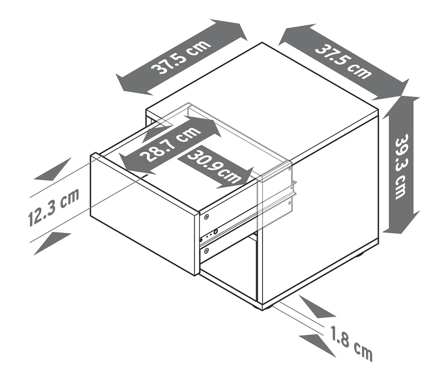 Diagramm eines Flemming Regalmoduls mit Abmessungen.