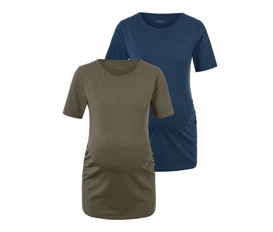 Zwei Umstands-Shirts, eines in Olivgrün, eines in Dunkelblau.
