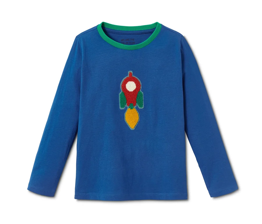 Blaues Langarmshirt mit Rakete.