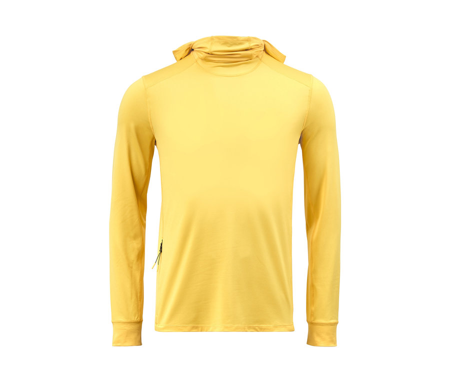 Gelbes Thermofunktionsshirt mit langen Ärmeln und Kapuze.