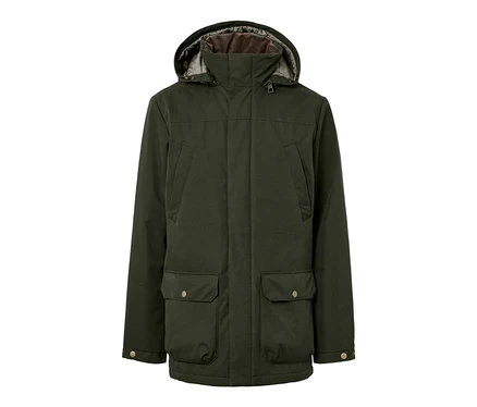 Grüne Jacke mit Kapuze.