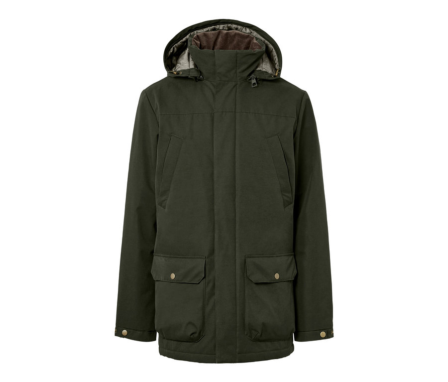 Grüne Jacke mit Kapuze.