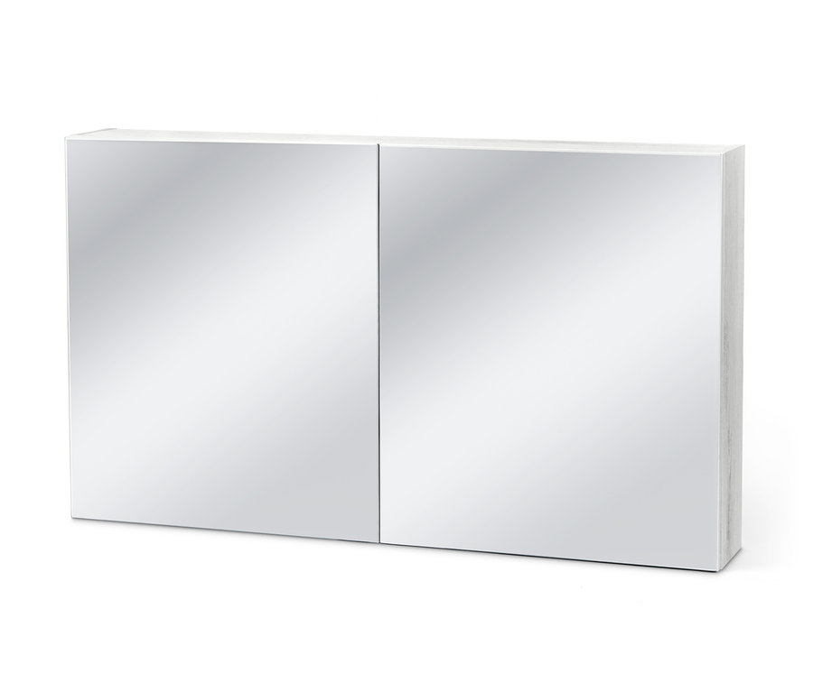 Geschlossener weisser Spiegelschrank mit LED-Beleuchtung.