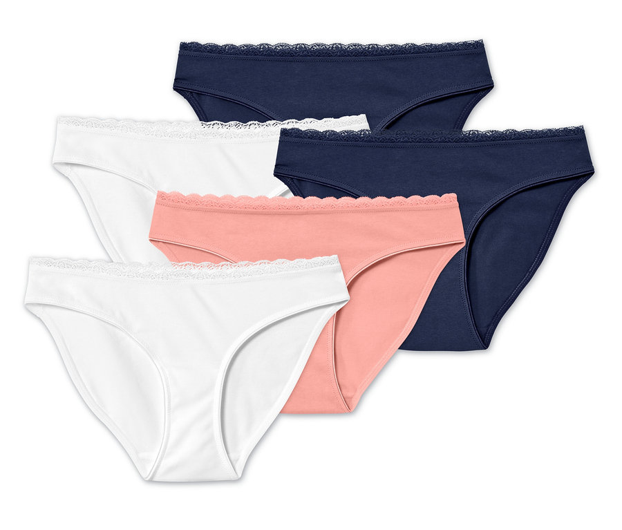 Fünf Slips mit Spitze in Weiß, Pfirsich und Dunkelblau.