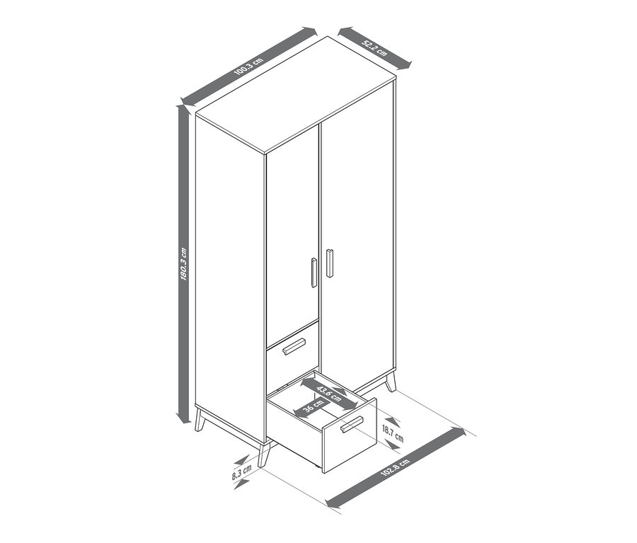 Abbildung eines Kleiderschranks mit offener Schublade und Maßangaben.