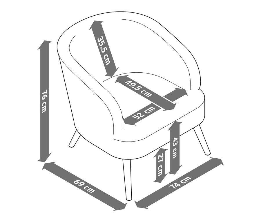 Abbildung eines Teddy-Sessels/Bouclé-Sessels mit Holzbeinen mit Abmessungen.
